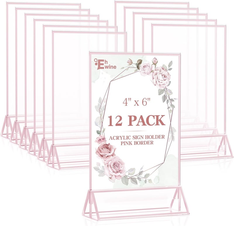 EHWINE 12 Pack Acrylic Sign Holder 4 x 6, Double-Sided Stand up Table Top Sign Holders, Pink Acrylic Picture Frame Menu Flyer Paper Holder Display Stand for Office Business Store Wedding Party - Image 1